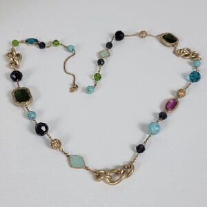Vtg. Carolee Gold-Tone Multicolor Faux-Gem Necklace Long Chain Statement 32.5 In
